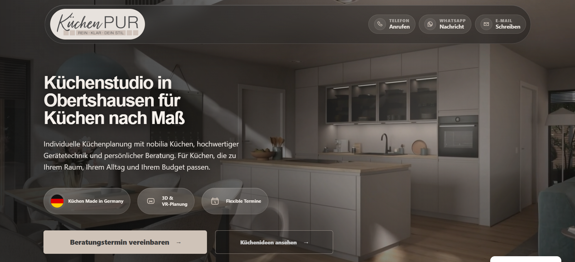 KüchenPUR: Küchenstudio in Obertshausen für Küchen nach Maß. Original-Screenshot ohne perspektivische Verzerrung.